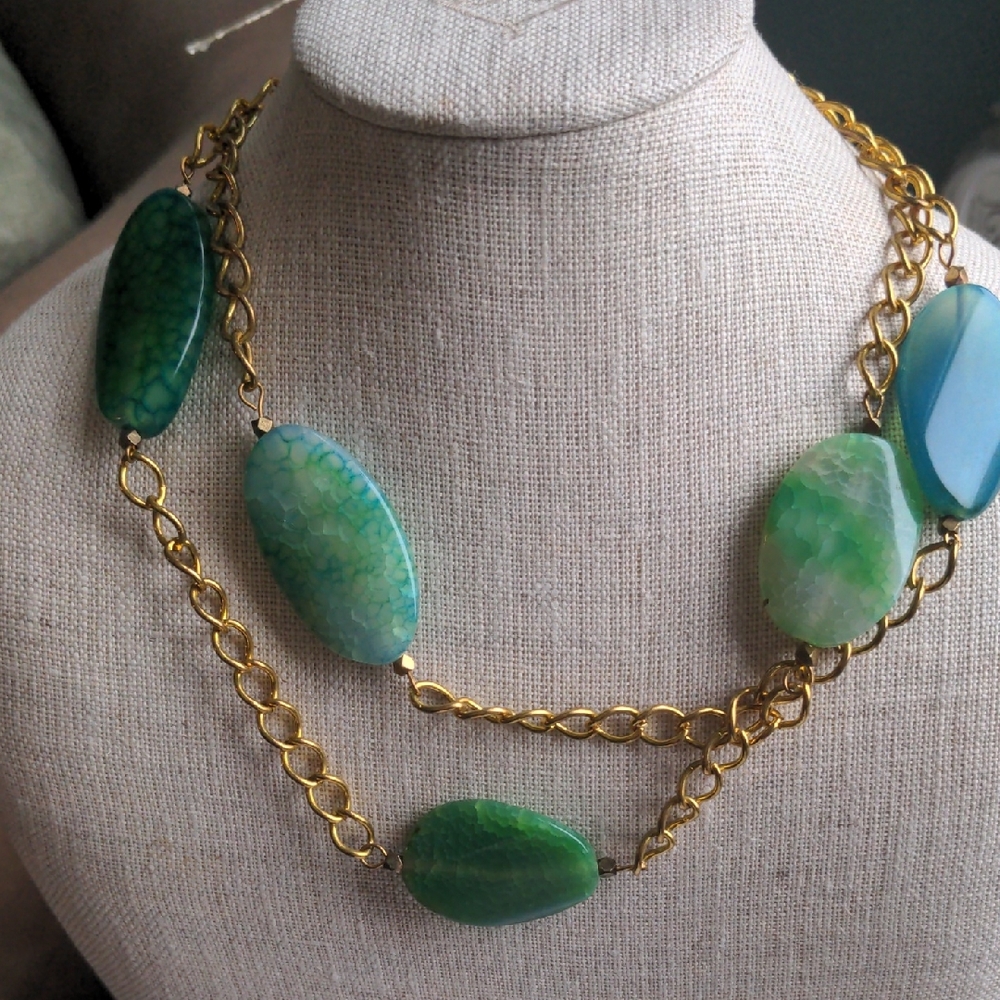 New Long Green & Blue Agate Necklace, Gold Chain, 36, Colorful, Boho, Statement